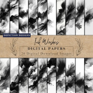 May include: A set of 20 digital papers featuring black ink washes on a white background. The papers are perfect for creating backgrounds, patterns, and textures for digital projects.
