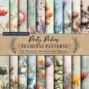May include: A set of 20 digital download images featuring seamless patterns of protea flowers in various colors and styles. The patterns are perfect for crafting, scrapbooking, and other creative projects.