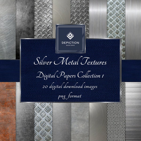 Silver Metal Textures Digital Papers Collection 1, Instant Download, Printable Scrapbook Paper, Brushed Metal Backgrounds, Commercial Use