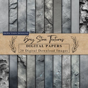May include: A digital paper pack featuring 20 grey stone textures. The pack is titled "Grey Stone Textures" and "Digital Papers" with the text "20 Digital Download Images".