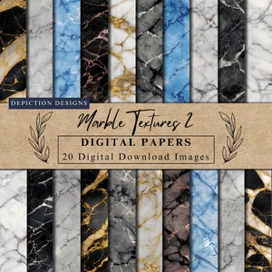 Könnte beinhalten: Ein Set mit 20 digitalen Marmortexturpapieren. Die Papiere zeigen verschiedene Marmormuster in Schwarz, Weiß, Grau, Blau und Gold. Die Papiere eignen sich perfekt zum Erstellen von Hintergründen, Mustern und Designs.