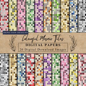 May include: A set of 20 digital papers featuring colorful mosaic tile patterns. The papers are perfect for crafting, scrapbooking, and digital design projects.