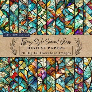 May include: A set of 20 digital papers featuring Tiffany style stained glass designs. The papers feature a variety of colors, including blue, green, yellow, orange, and red. The designs are intricate and detailed, and would be perfect for scrapbooking, card making, or other craft projects.