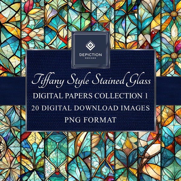 Tiffany Style Stained Glass Digital Papers Collection 1, Instant Download, Printable Scrapbooking Paper, Patterns, Commercial Use