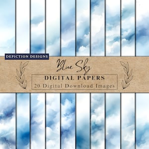 Op de afbeelding: Een set van 20 digitale papieren met aquarel blauwe lucht achtergronden met witte wolken. De papieren zijn perfect voor scrapbooking, kaart maken en andere knutselprojecten. De tekst op de afbeelding luidt "Blue Sky Digital Papers 20 Digital Download Images".