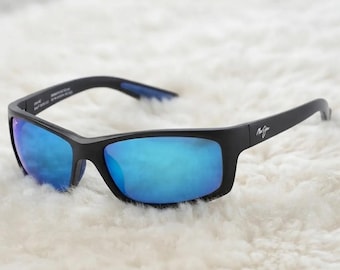 Maui Jim Kanaio Coast Sunglasses Matte Black Blue Frame, Blue Hawaii Polarized Lenses, Man Wrap Shades