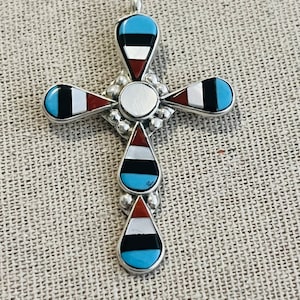 Signed Zuni Indian Pendant Multi Stone Sterling Cross Florenda Lonasee