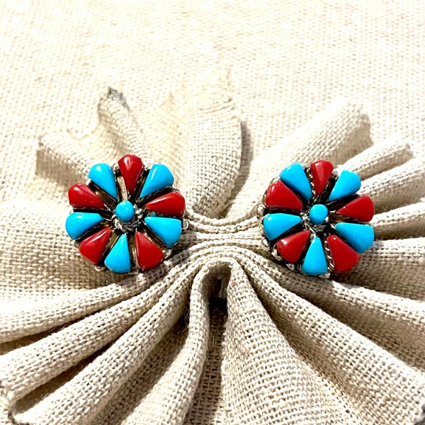 Native American Navajo Handmade Cluster Turquoise And Coral Sterling Silver Earrings.