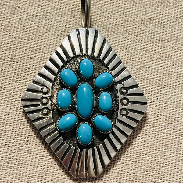 Navajo Indian Sterling Silver & Turquoise  Pendant Signed TB