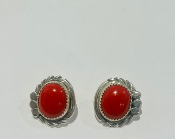 Navajo Sterling Coral Post Earrings Signed