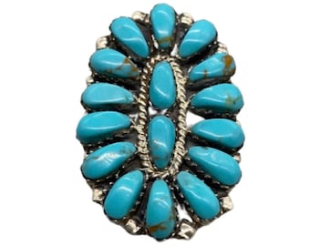 Turquoise Cluster Ring Set In S.S. Navajo Made