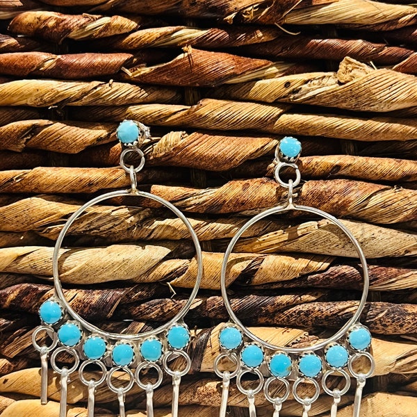 Sterling silver turquoise hoop chandelier earrings Native American Indian signed