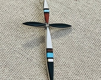 Zuni Indian Sterling Silver Inlay Cross Pendant signed