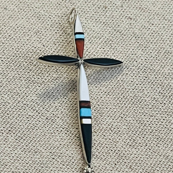 Zuni Indian Sterling Silver Inlay Cross Pendant signed