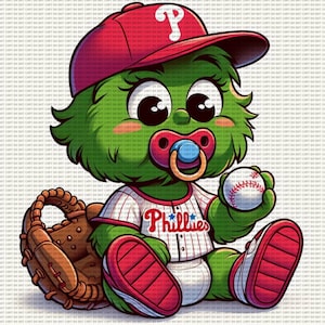 May include: A green, fuzzy, baby-like character wearing a red baseball cap with a white 'P' on it, a red and white striped baseball jersey with 'Phillies' on the front, and a white diaper. The character is holding a baseball in one hand and a pacifier in the other. A brown baseball glove is in the background.