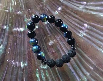 Black Lava Stone Essential Oil Diffuser Bracelet Aurora Borealis Gemstone Jewelry Handmade Stretchy Bracelet Gift for Mom Gift for Him