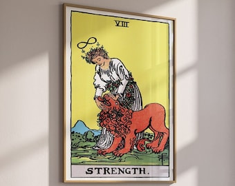 Strength print tarot card printables vintage major arcana tarot wall art witchy gifts eclectic spiritual prints aesthetic mystic Home decor
