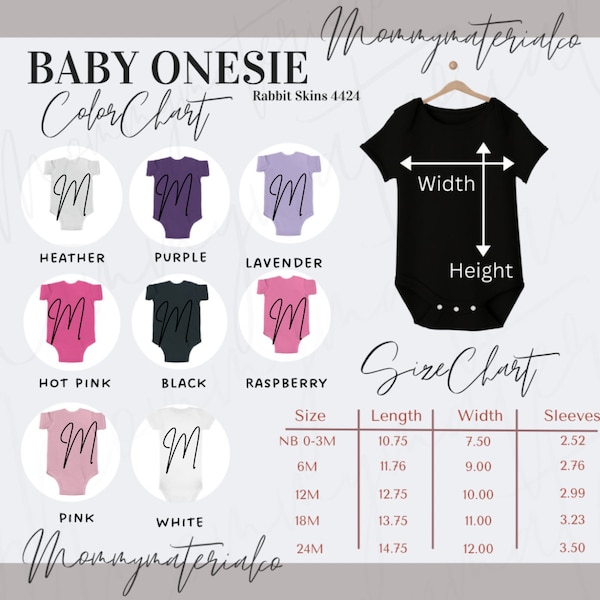 Baby Onesie, Rabbit Skins 4424, Size and Color Chart, PNG, Instant Download, Baby onesie mock-ups, digital download, black, white, pink