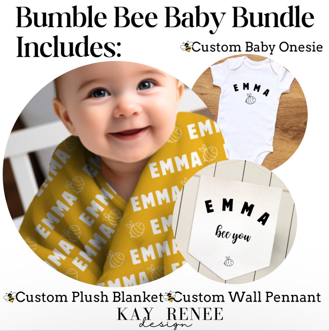 Bumble Bee Baby Gift Bundle Custom Blanket, Onesie & Wall Pennant Set Unique Baby Shower Gifts