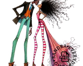 Imágenes prediseñadas de una peculiar pareja afroamericana: Cita romántica nocturna PNG JPG (Uso comercial)