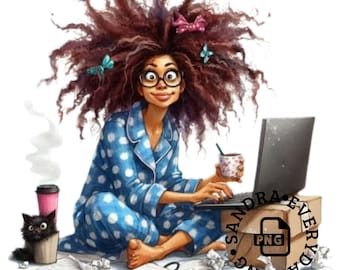 Clipart de chica negra peculiar: Planificadores de scrapbooking para trabajar desde casa, PNG JPG (uso comercial)