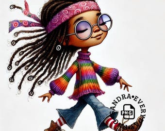 Imágenes prediseñadas de chica negra estilo boho: estilo años 70 PNG JPG (descarga digital de archivo PDF)