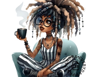 May include: Watercolor illustration of a person with locs, wearing round glasses, a striped jumpsuit, and sneakers, seated in a teal armchair. They hold a steaming black mug. The person has tattoos on their arms and is adorned with jewelry.