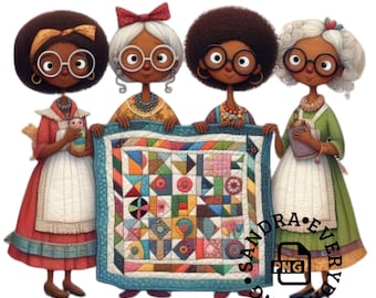 Quirky Black Girl Clipart | African American |PNG|JPG| Junk Journal| Quilting Women| Group|Wall Art| Commercial Use| Print on Demand