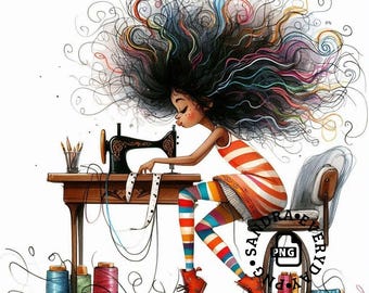 Quirky Black Girl Clipart | African American Woman| PNG|JPG| Sewing#1 Watercolor| Junk Journal| Whimsical| Commercial Use| Print on Demand
