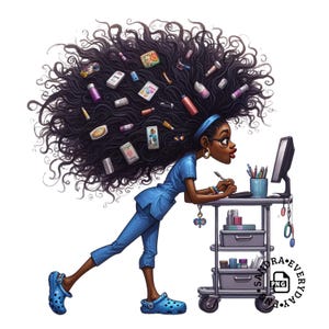 Puede incluir: Ilustraci&oacute;n de una mujer negra con uniforme azul, Crocs azules y una diadema azul, con una gran masa de cabello negro llena de varios productos de belleza. Se apoya en un carrito m&eacute;dico con una computadora y suministros. La imagen tiene un estilo de dibujos animados.