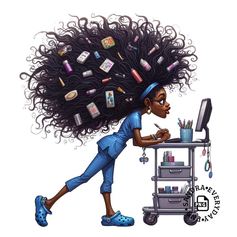 Puede incluir: Ilustraci&oacute;n de una mujer negra con uniforme azul, Crocs azules y una diadema azul, con una gran masa de cabello negro llena de varios productos de belleza. Se apoya en un carrito m&eacute;dico con una computadora y suministros. La imagen tiene un estilo de dibujos animados.
