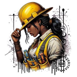 Pode incluir: Ilustração de uma mulher usando um capacete amarelo e colete de trabalho, segurando a aba do chapéu. Ela tem ferramentas nos bolsos do colete e uma tatuagem no pescoço. Fundo branco com respingos de tinta preta.