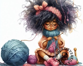 Quirky Black Girl Clipart | African American Woman| PNG|JPG| Crochet|Watercolor| Junk Journal| Whimsical| Commercial Use| Print on Demand