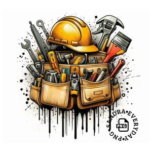 Puede incluir: Ilustración de un cinturón de herramientas beige lleno de varias herramientas, incluyendo un casco amarillo, llaves, un martillo y un pincel. Salpicaduras de pintura negra y el texto "SANDRA EVERYDAY PNG" en el fondo.