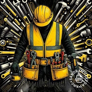 May include: Illustration of a construction worker in a yellow hard hat and safety vest, surrounded by tools. The worker wears a tool belt with various tools, including pliers and a hammer. The background is a radial pattern of tools.
