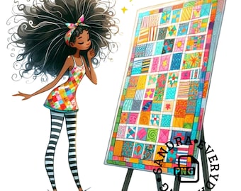Quirky Black Girl Clipart | Whimsical Quilting Ladies |PNG|JPG| Junk Journal| Ladies Clipart | Kids Wall Art| Commercial Use|Print on Demand
