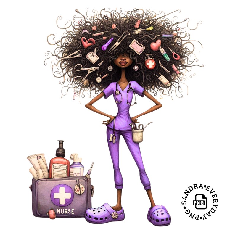 Puede incluir: Ilustraci&oacute;n de una enfermera negra con uniforme morado, estetoscopio y zuecos, con herramientas m&eacute;dicas en su cabello rizado. Una bolsa m&eacute;dica con una cruz y la palabra "NURSE" est&aacute; a sus pies. Fondo blanco.