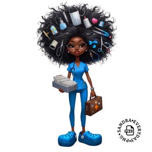 Puede incluir: Ilustraci&oacute;n de una enfermera negra con uniforme azul, gafas y Crocs azules. Su cabello est&aacute; adornado con herramientas m&eacute;dicas. Lleva una bandeja de papeles y un malet&iacute;n m&eacute;dico marr&oacute;n. Un estetoscopio cuelga de su cuello.