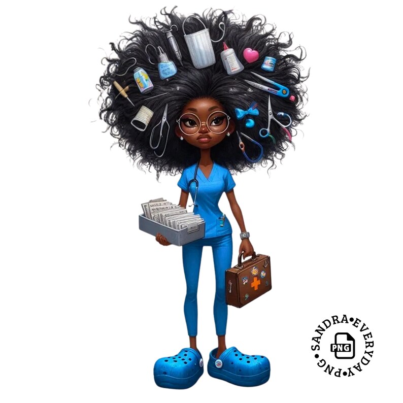 Puede incluir: Ilustraci&oacute;n de una enfermera negra con uniforme azul, gafas y Crocs azules. Su cabello est&aacute; adornado con herramientas m&eacute;dicas. Lleva una bandeja de papeles y un malet&iacute;n m&eacute;dico marr&oacute;n. Un estetoscopio cuelga de su cuello.