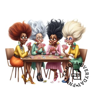 Imágenes prediseñadas de una chica negra peculiar / Ancianas extravagantes / Mujeres jugando a las cartas / PNG / JPG / Diario basura / Arte mural infantil / Uso comercial / Impresión a pedido