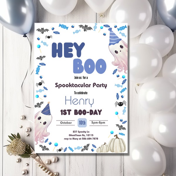 Hey Boo Birthday Party Invitation - Digital Invitation - Boo Bash Invitation - Halloween Invitation - Instant Download - DIY - Easy to Edit