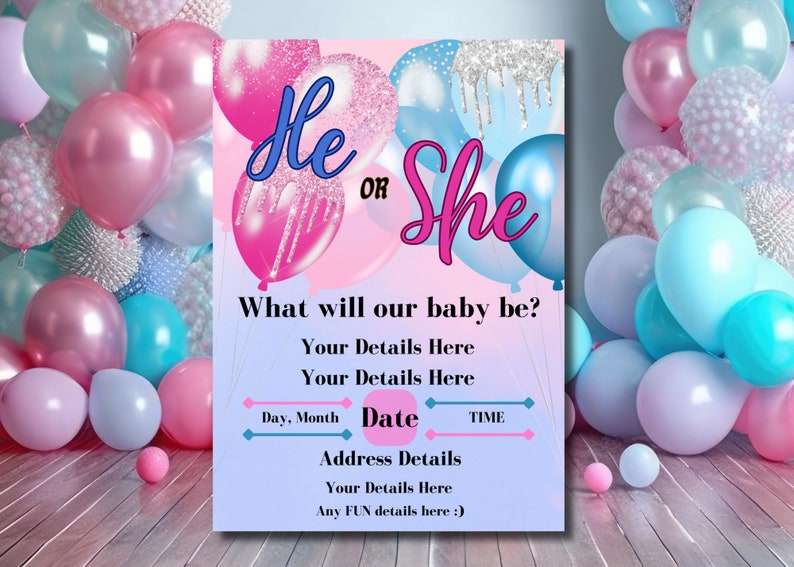 He or She Gender Reveal Digital Invitation Gender Reveal Pink or Blue