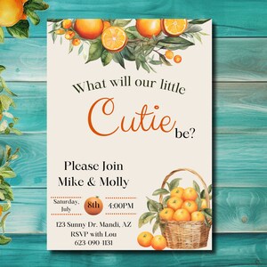 What Will Our Little Cutie Be Digital Invitation - Citrus Theme Gender Reveal -  A Cutie Gender Reveal - Editable - DIY - Canva