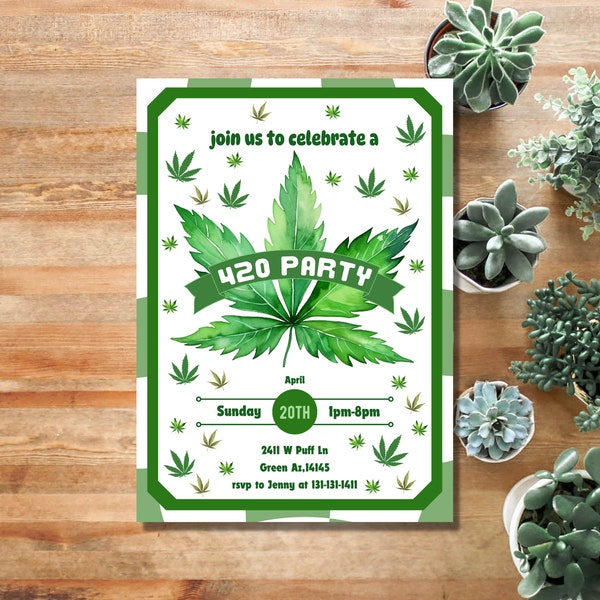 420 Party Digital Invite - Marijuana Party Invite - Weed Birthday Party - Cannabis Party Invite - Digital Invite - Easy To Edit - Canva