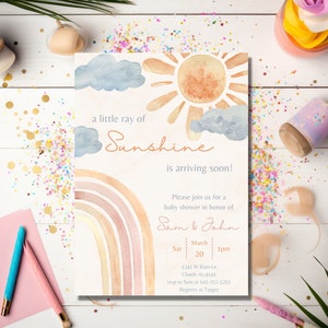 Sunshine Baby Shower Invitation - A Little Ray Of Sunshine Invite - Boho Baby Shower - Boho Sunshine Baby Shower - Easy To Edit - Canva
