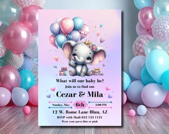 Kawaii Elephant Theme Gender Reveal Digital Invitation - Gender Reveal - Cute Elephant Theme - Instant Download - Easy to Edit - Canva