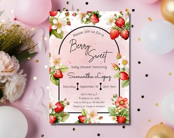 A Berry Sweet Baby Shower Invitation - Strawberry Baby Shower - Editable Berry Sweet Baby Shower Invitation - Red Strawberry Baby Shower