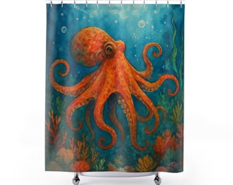 Octopus Shower Curtains, Underwater Ocean Creature Bathroom Decor, Sea Life Theme Bath Curtain, Unique Kraken Home Accessories, Nautical