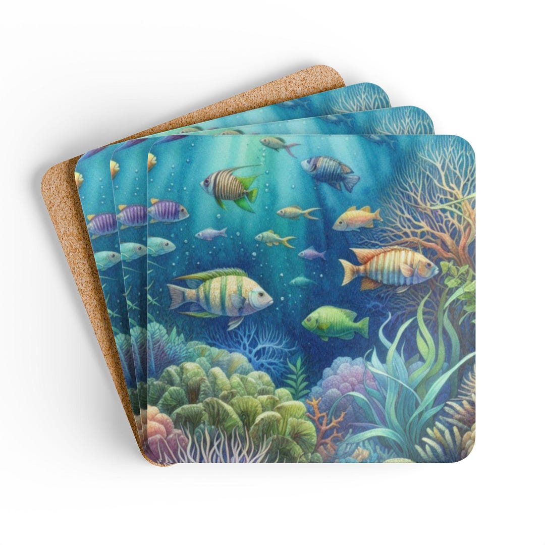Underwater Reef Fish Scene Coaster Set of 4 | Hardboard Cork Bottom - Etsy