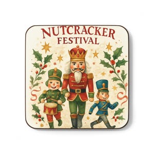 Op de afbeelding: Vierkante onderzetter met een feestelijke illustratie van een Notenkraker Festival. Het ontwerp bevat een centrale notenkrakerfiguur in een rode jas, geflankeerd door twee tinnen soldaten in groene en blauwe uniformen, omringd door hulst en sterren. De tekst "NUTCRACKER FESTIVAL" staat bovenaan.